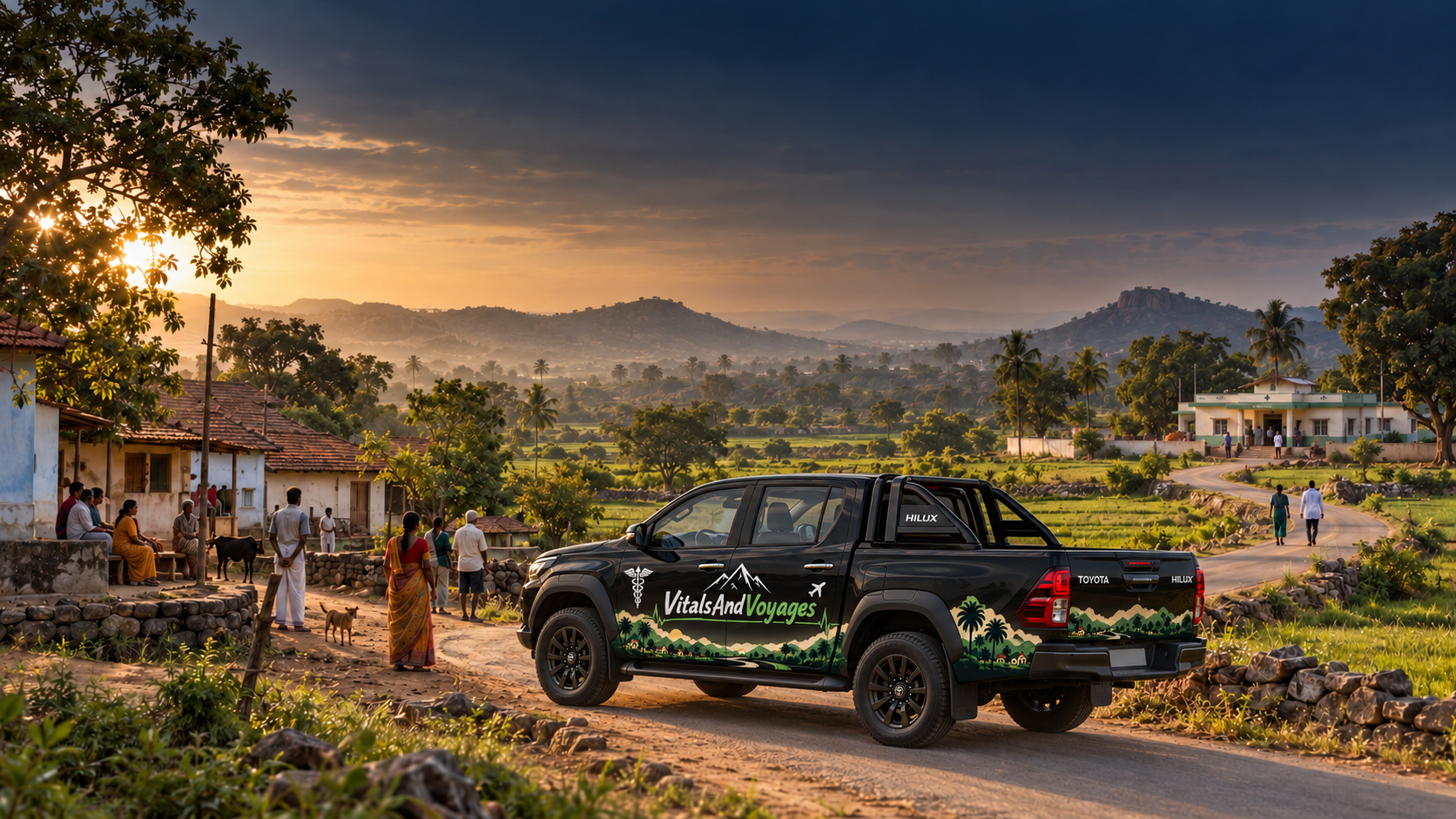 Illustrative scene of a VitalsAndVoyages Hilux on a village road connecting homes and a health facility